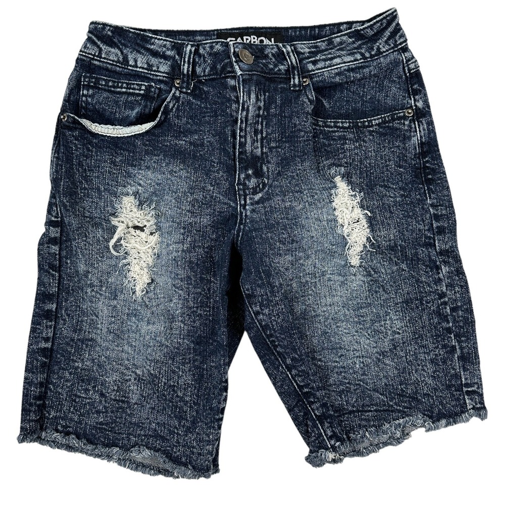 Carbon Acid Dark Wash Distressed Denim Blue Jean Shorts Jorts 28 Cotton Stretch